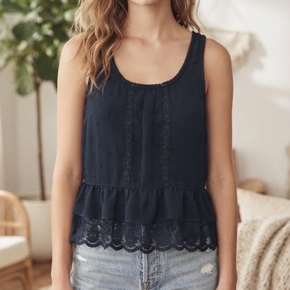 Vintage Y2K Abercrombie & Fitch Navy Blue Lace Dot Sheer Babydoll Tank Top M A&F